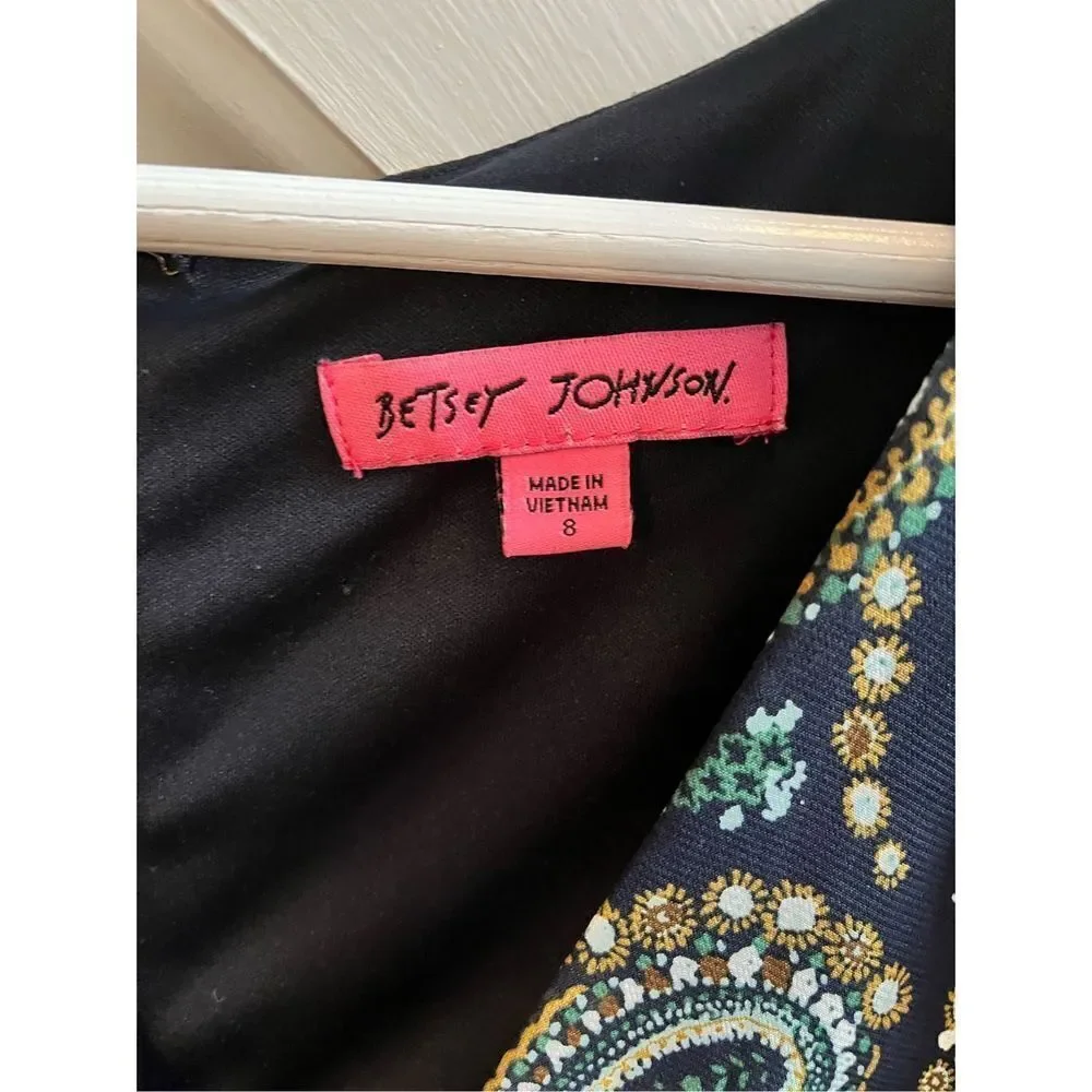 Betsey Johnson Navy Paisley Boho Wide Sleeve Back Tie Dress sz 8 EUC